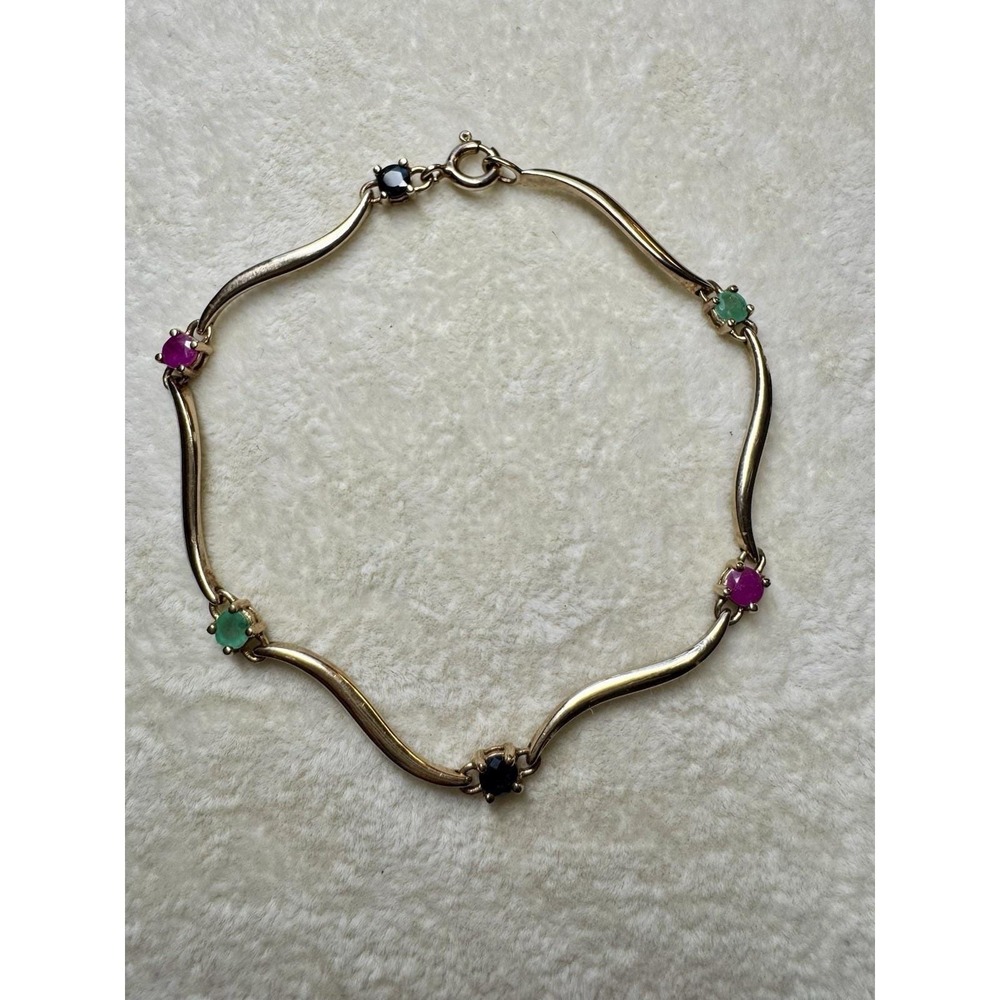Yellow Gold Vermeil 925 Bracelet Wave Panel Multicolor Gemstone 7.25" Tennis - Picture 2 of 14